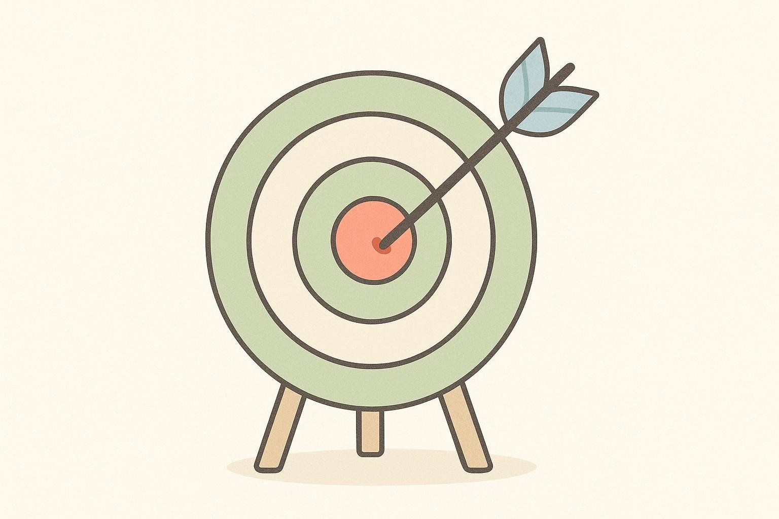 An illustration of a green and white target with an arrow perfectly hitting the bullseye, which is colored red. The target stands on a light brown background supported by two brown legs.