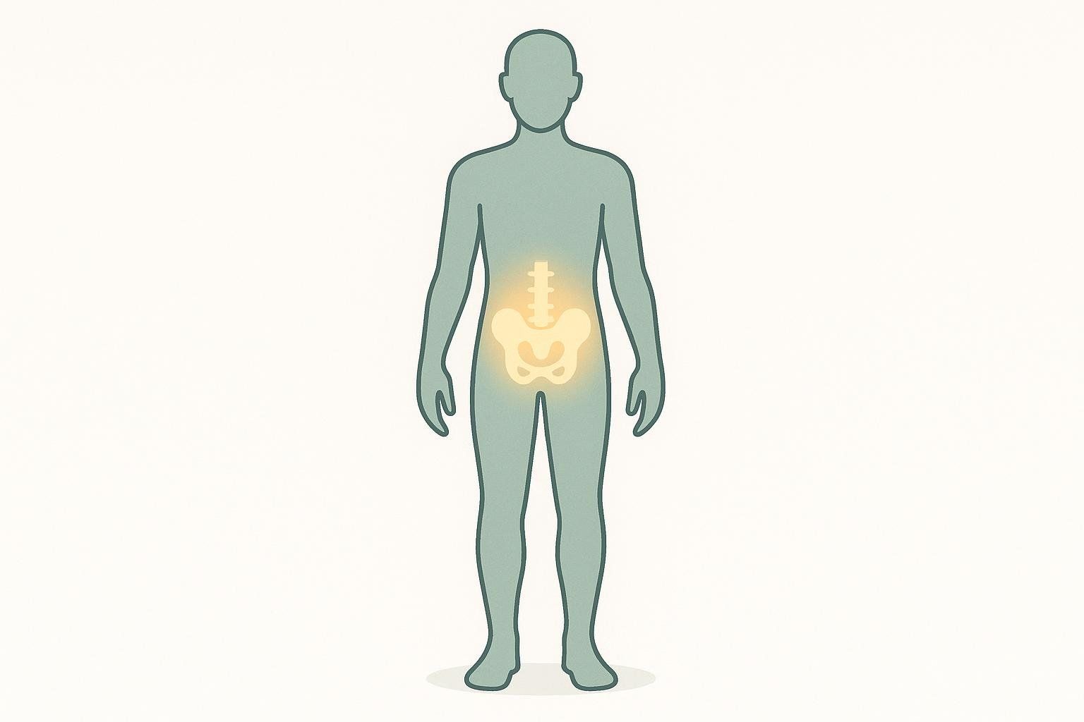 Illustration of a human figure with the hip and spine highlighted in yellow, indicating the areas typically measured by a central DXA bone densitometer for bone density.