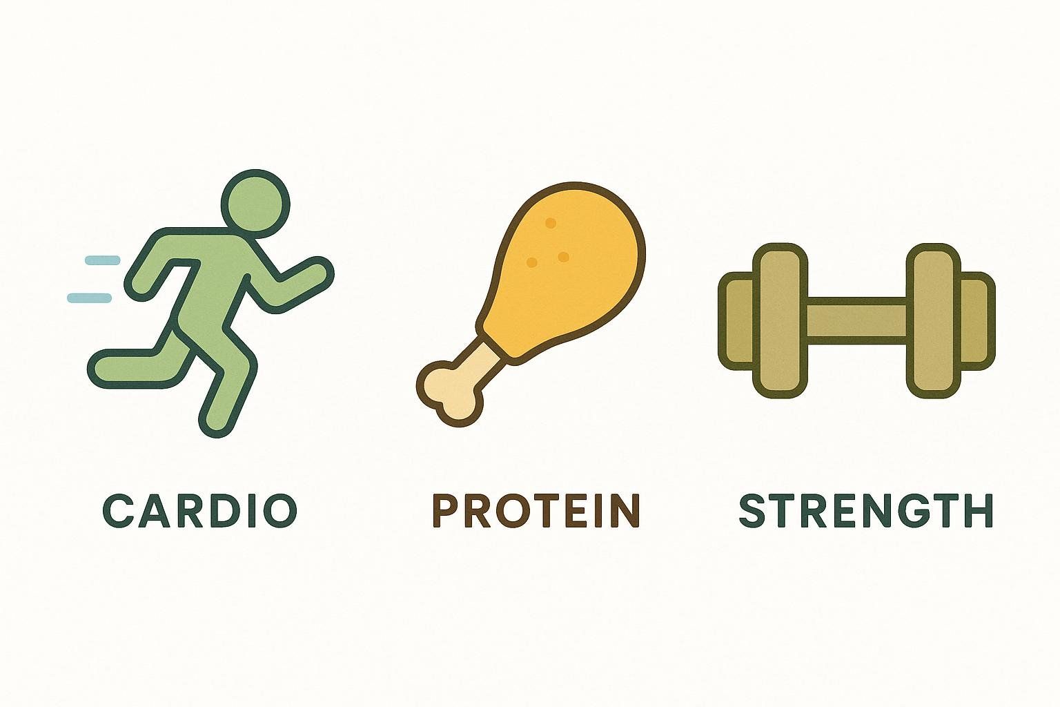 Icons representing the 30/30/30 method: cardio, protein, and strength training.