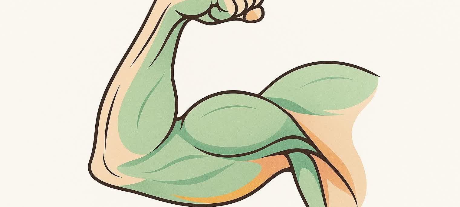 A stylized illustration of a flexed arm with prominent bicep and tricep muscles, using clean lines and modern colors in shades of green and peach.