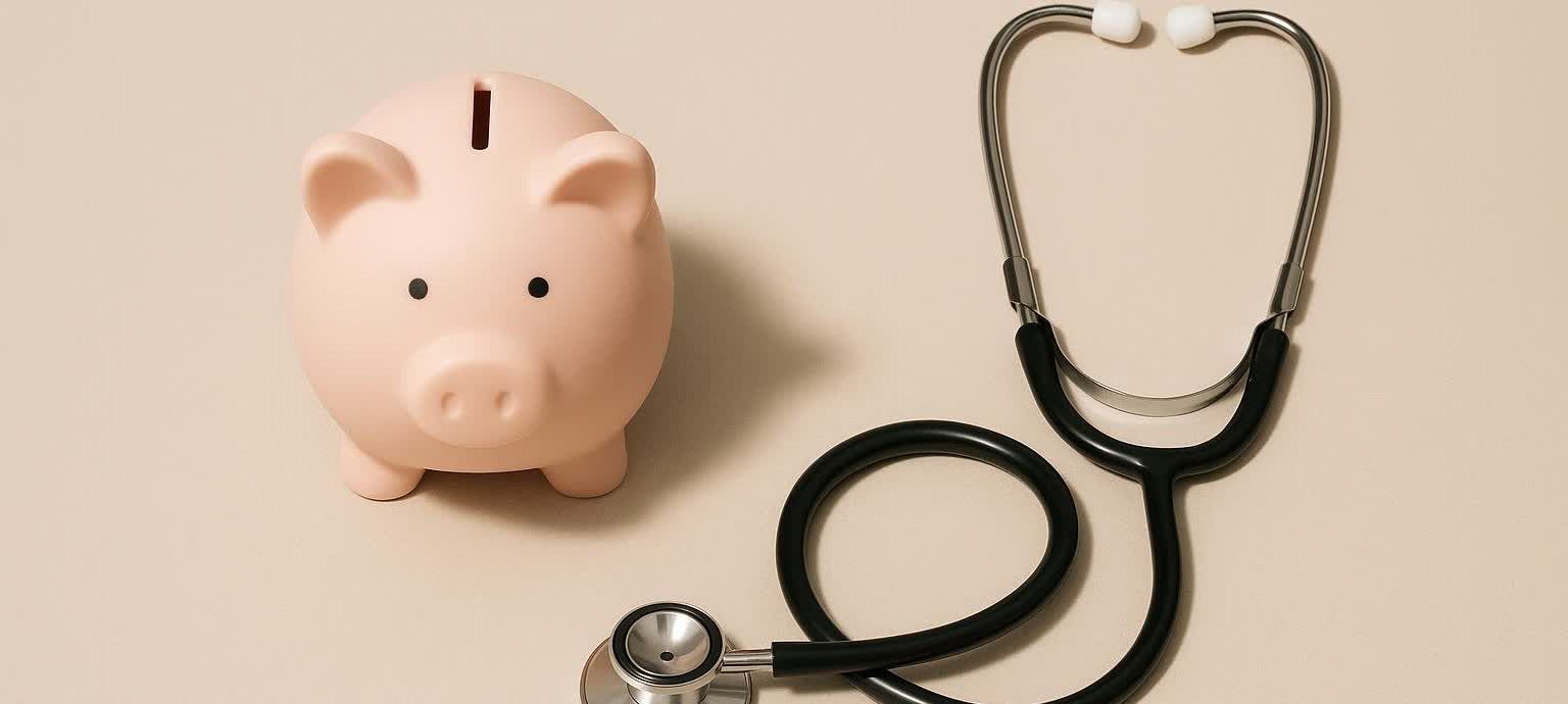 A light pink piggy bank sits next to a black and silver stethoscope on a light beige surface. The image represents the intersection of healthcare costs and financial savings.