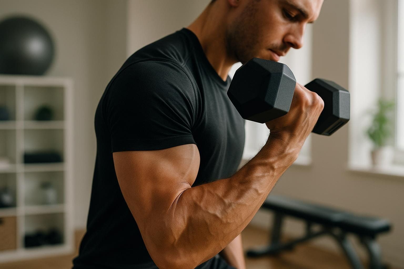 A man in a black t-shirt is focused on strength training, curling a black dumbbell. His bicep and forearm muscles are visible and tensed, with veins prominent, indicating exertion. In the background, there's a blurred view of a room with a white shelving unit and a black exercise ball, suggesting a home gym or fitness space.