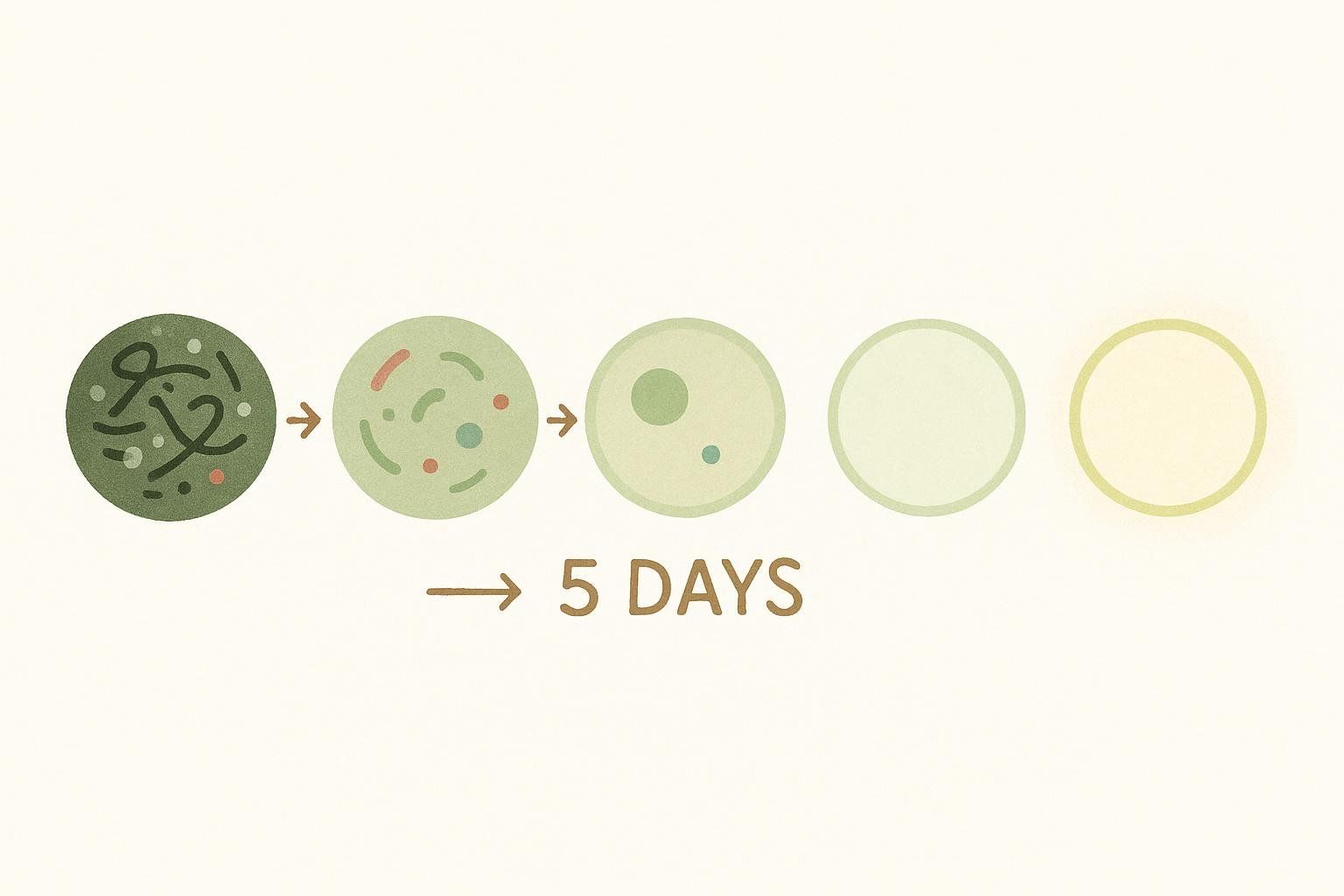 An abstract illustration depicting the process of cellular renewal or regeneration over a 5-day Fasting-Mimicking Diet (FMD) cycle. Five circles show a progression from a dark, complex cell to a lighter, simpler, and clearer cell, with an arrow pointing to '5 DAYS' signifying the duration of the change.
