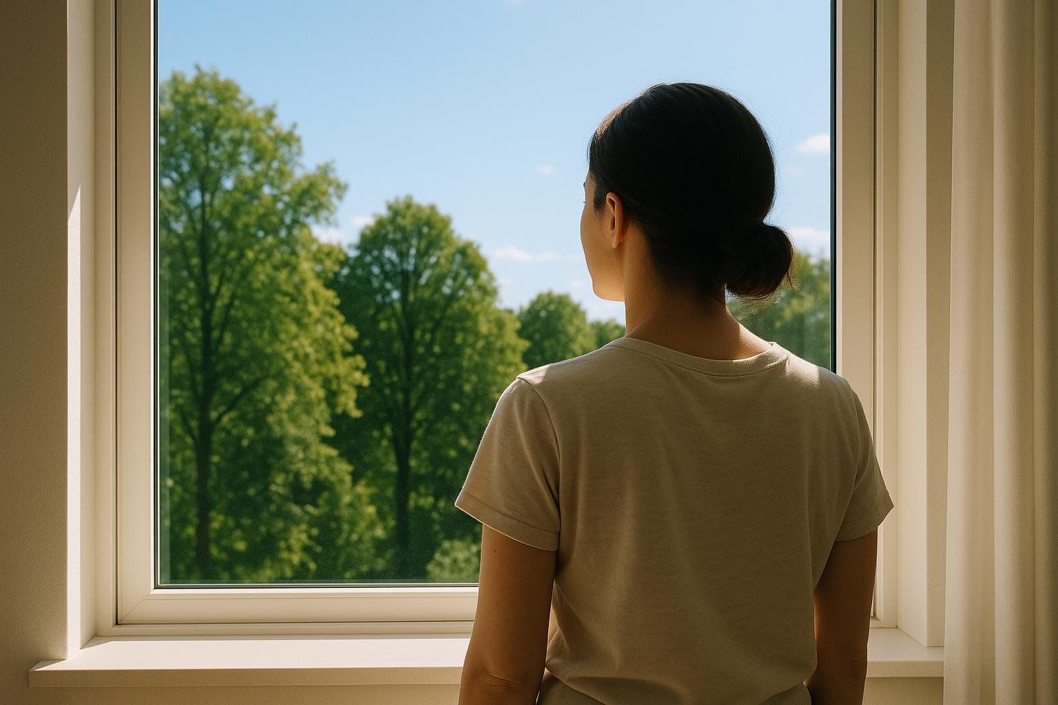 A person viewed from behind, looking out a bright window at green trees and a blue sky, enjoying natural light.