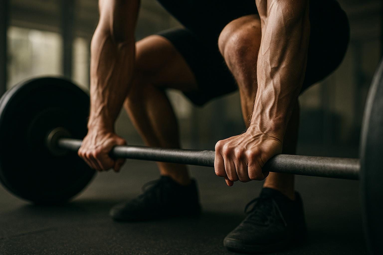 Close-up view of a man's hands gripping a barbell as he prepares for a deadlift during a strength training workout.