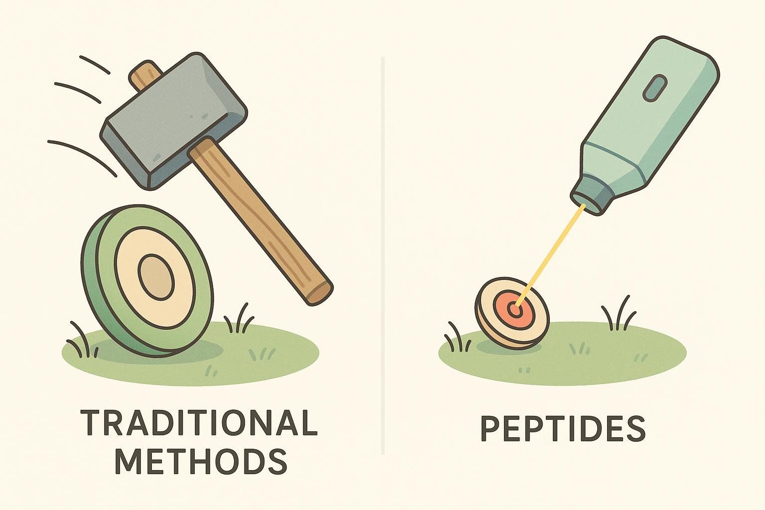 A visual comparison between a sledgehammer representing old weight loss methods and a precision tool representing peptides.
