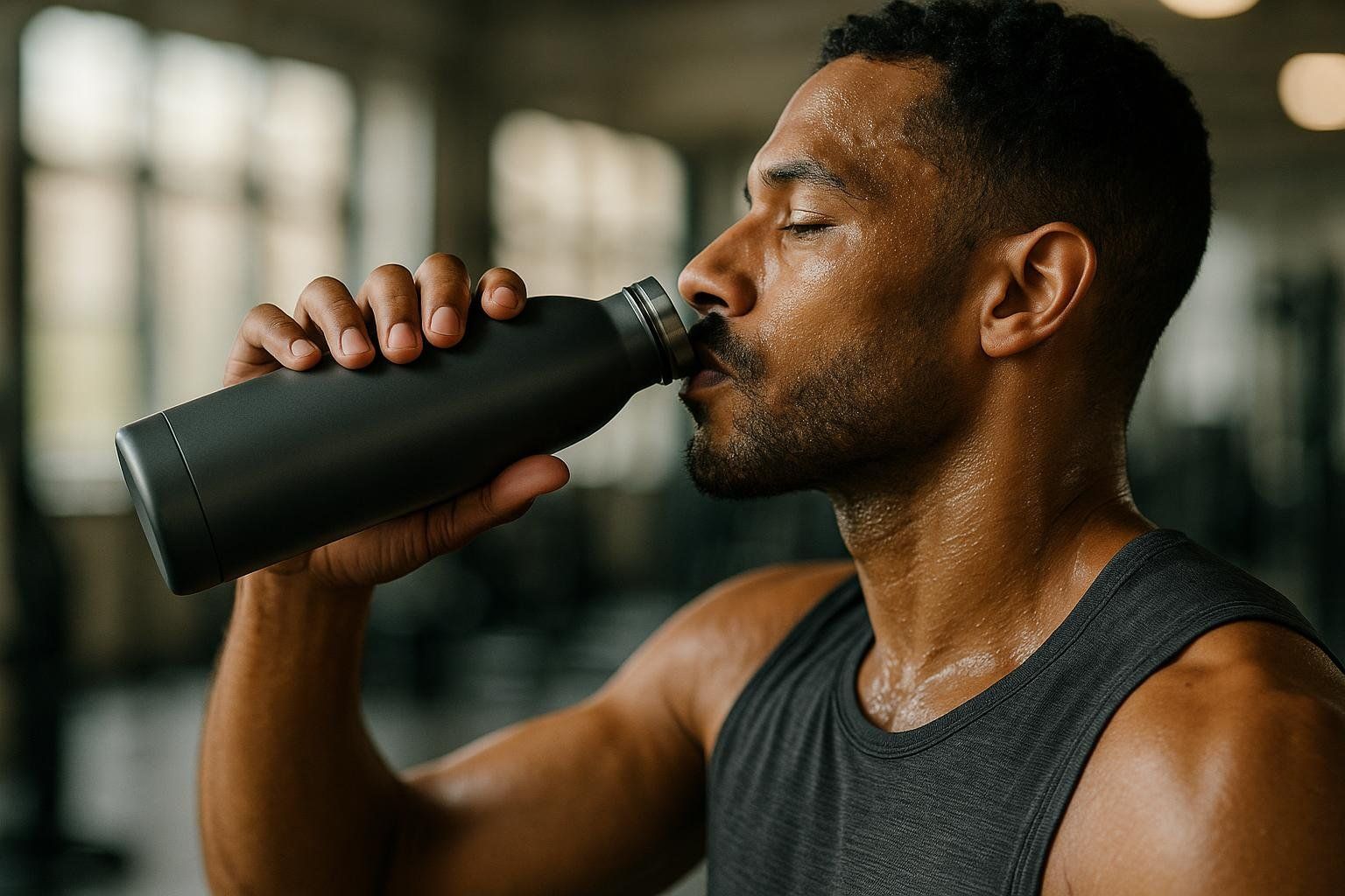 A man in a gym, visibly sweaty, drinks from a black water bottle. His eyes are closed, suggesting relief or focus on hydration after exercise. The background is blurred, keeping the focus on the man and his water bottle.