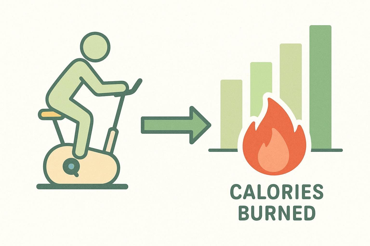An illustration showing a person on a stationary bike, with an arrow pointing to a bar graph with increasing bars and a flame icon, along with the text 'CALORIES BURNED'. This infographic symbolizes that stationary biking helps burn calories.