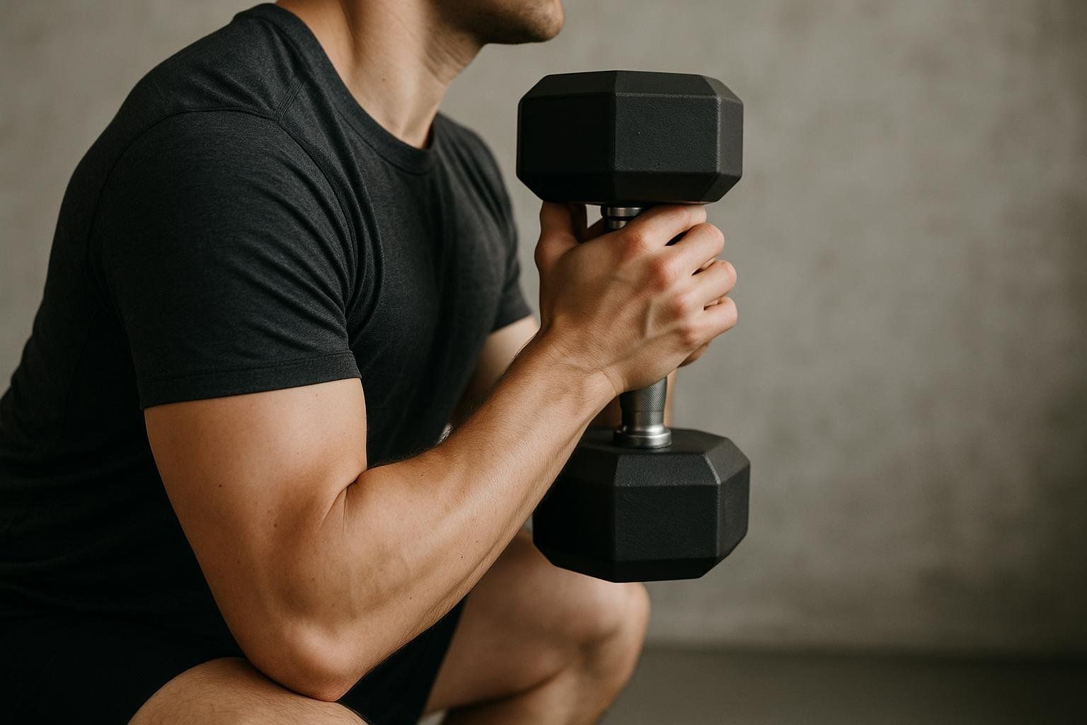 A person holding a black hexagonal dumbbell at chest level with both hands, demonstrating the starting position for a goblet squat exercise. The person is wearing a dark grey t-shirt and shorts, with visible arm muscles.