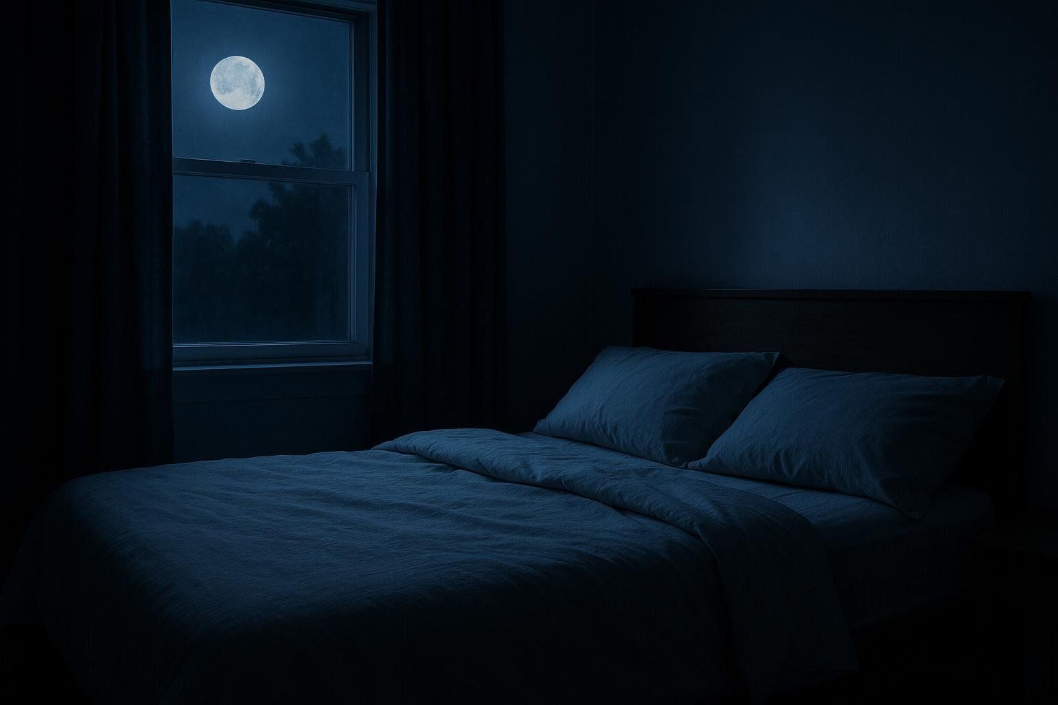 A bedroom at night with a large full moon visible through the window, casting a soft blue light on the bed.