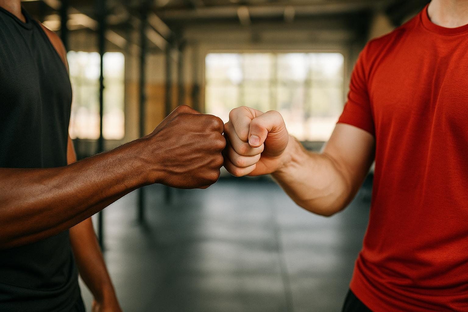 Close up of two athletes, one with darker skin and wearing a black tank top and the other with lighter skin and wearing a red t-shirt, fist bumping in a gym. Their fists meet in the center of the frame, symbolizing support and camaraderie.