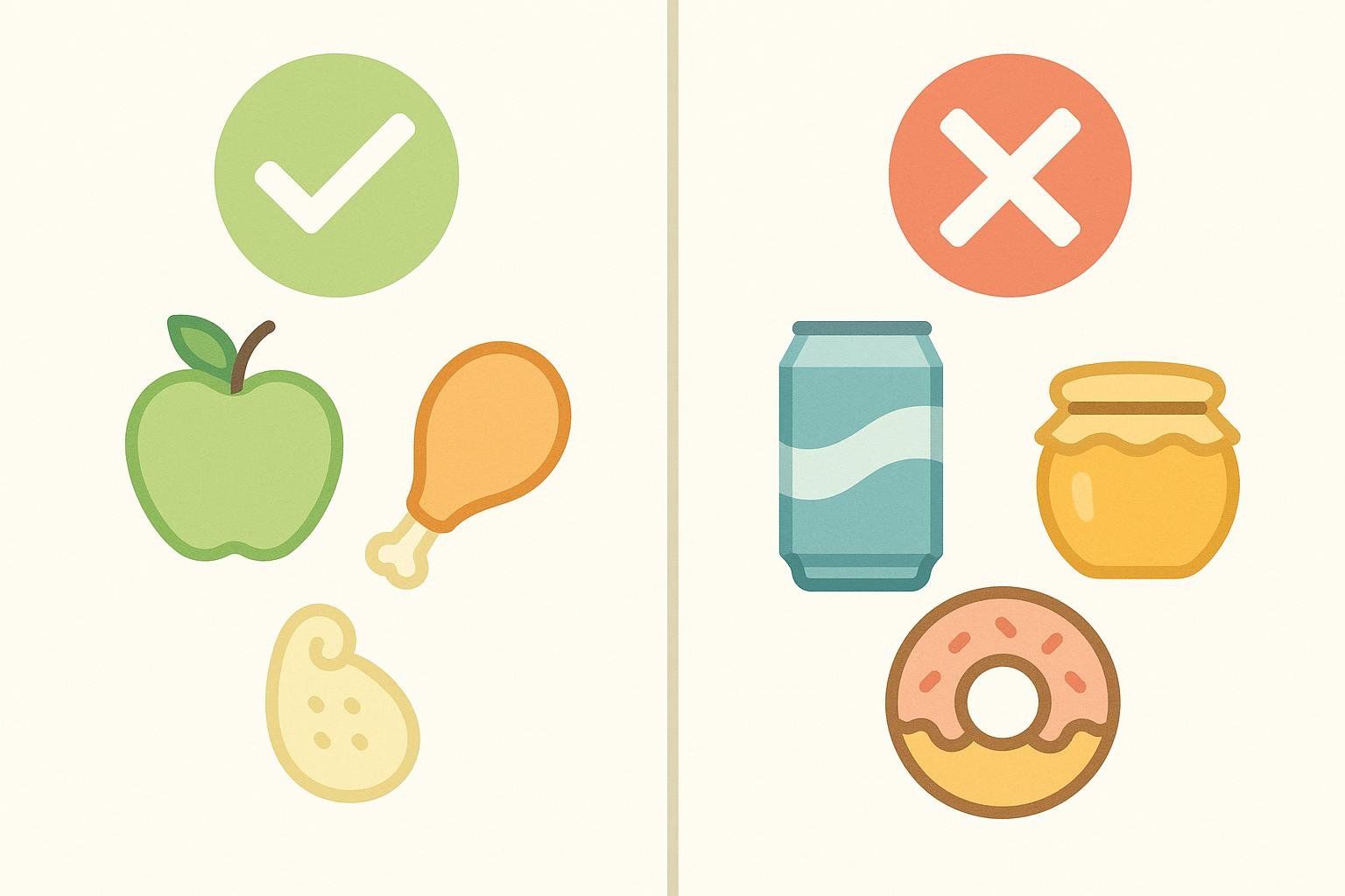 An illustration divided into two sections. On the left, under a green checkmark, are images of an apple, a chicken drumstick, and a piece of cheese, representing foods that can be eaten on a no-sugar challenge. On the right, under a red 'X', are images of a soda can, a jar of honey, and a donut, representing foods to avoid.