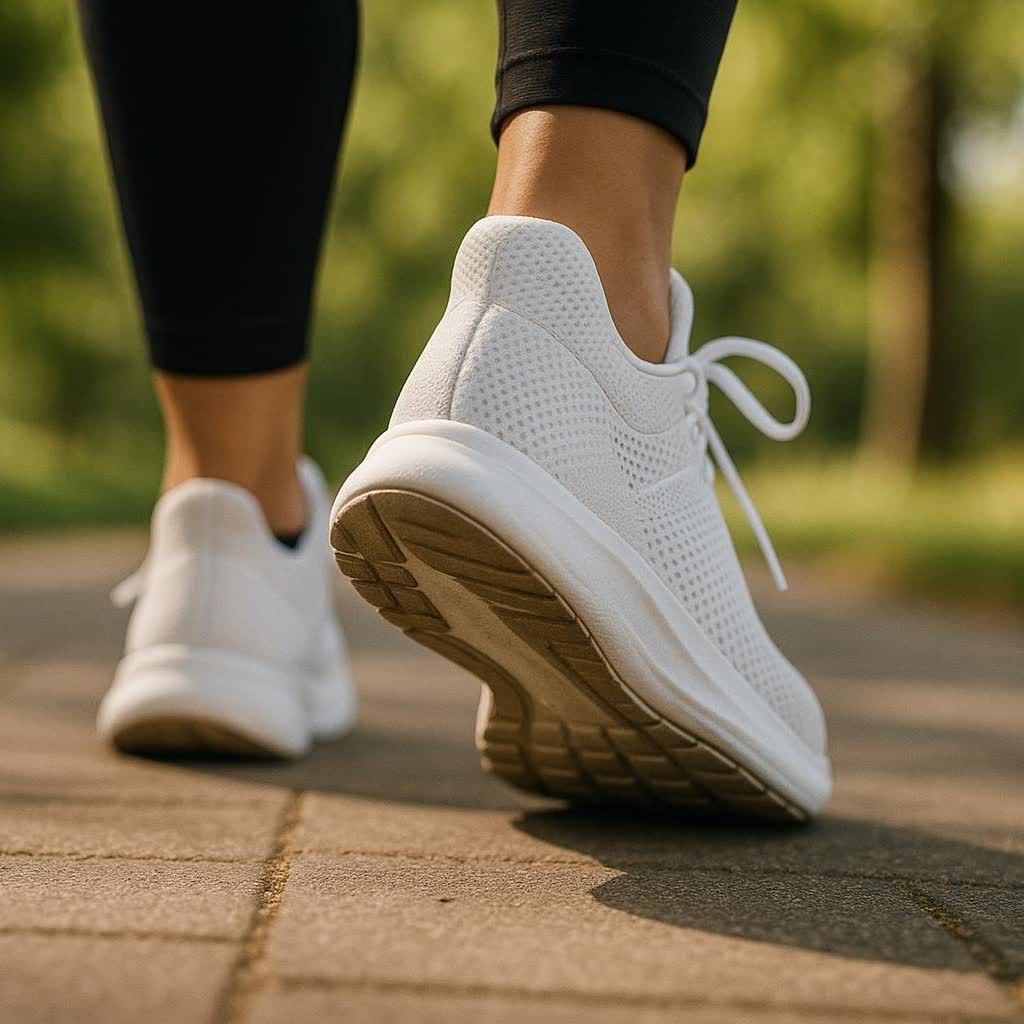 Close up on a person's athletic shoes as they take a step forward on a path.
