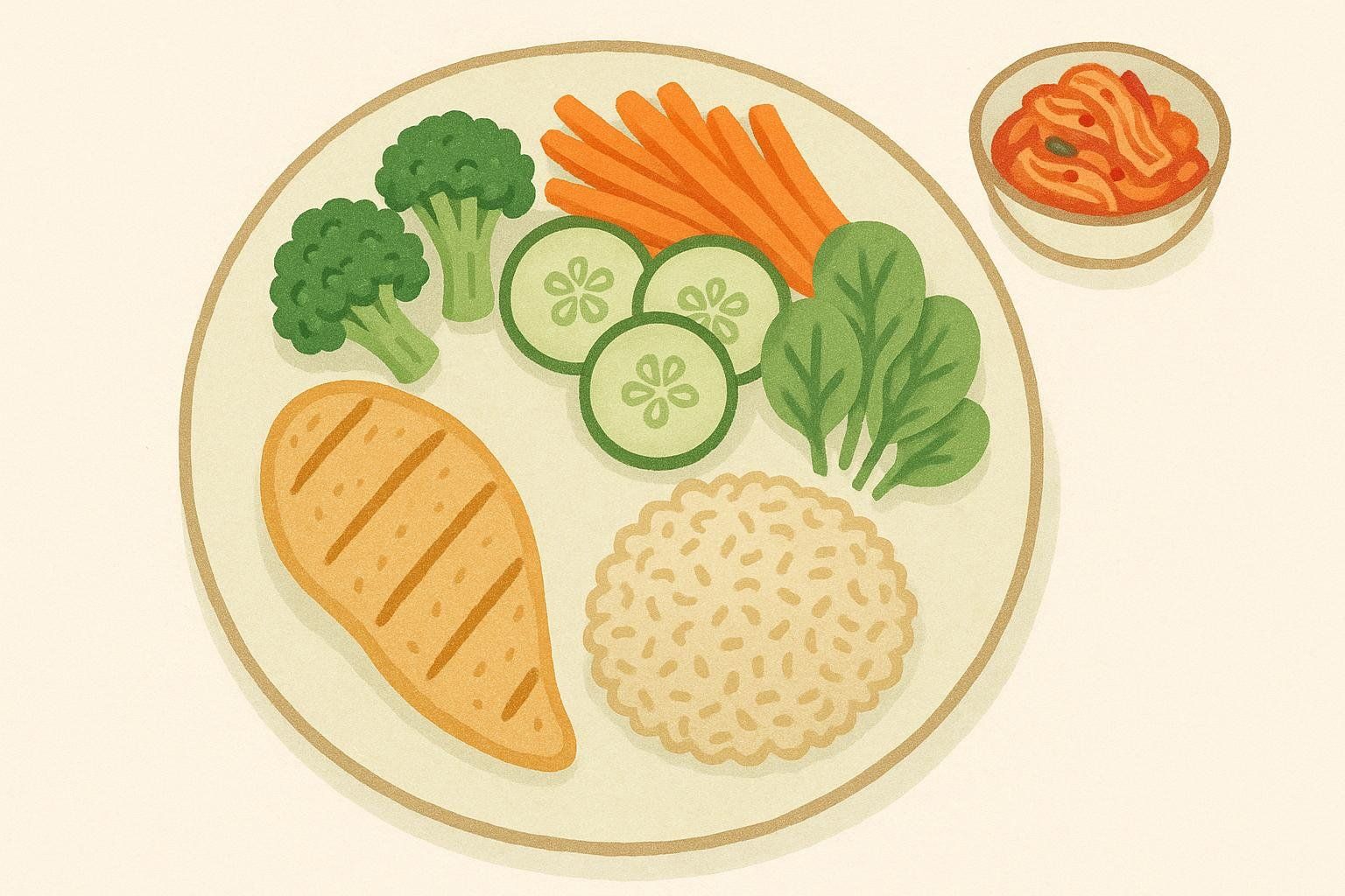 Illustration showing a balanced plate with grilled chicken, brown rice, broccoli, carrot sticks, cucumber slices, and spinach leaves. A small side dish of kimchi is next to the plate.