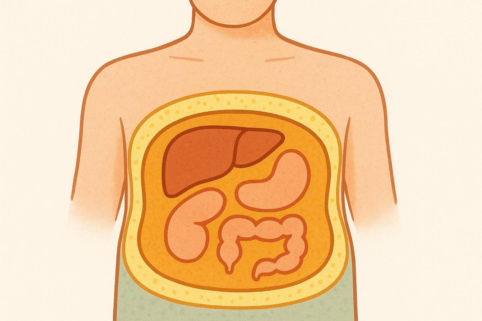 Illustration comparing subcutaneous fat, shown under the skin, and visceral fat, shown around organs, in a cross-section of a torso.