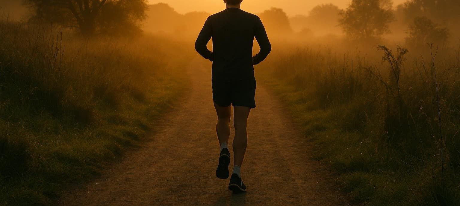 A solitary runner is seen from behind, jogging along a dusty trail at sunrise. The warm, golden light of the rising sun illuminates the path and casts a gentle haze over the surrounding fields and distant trees, symbolizing the journey of building endurance.