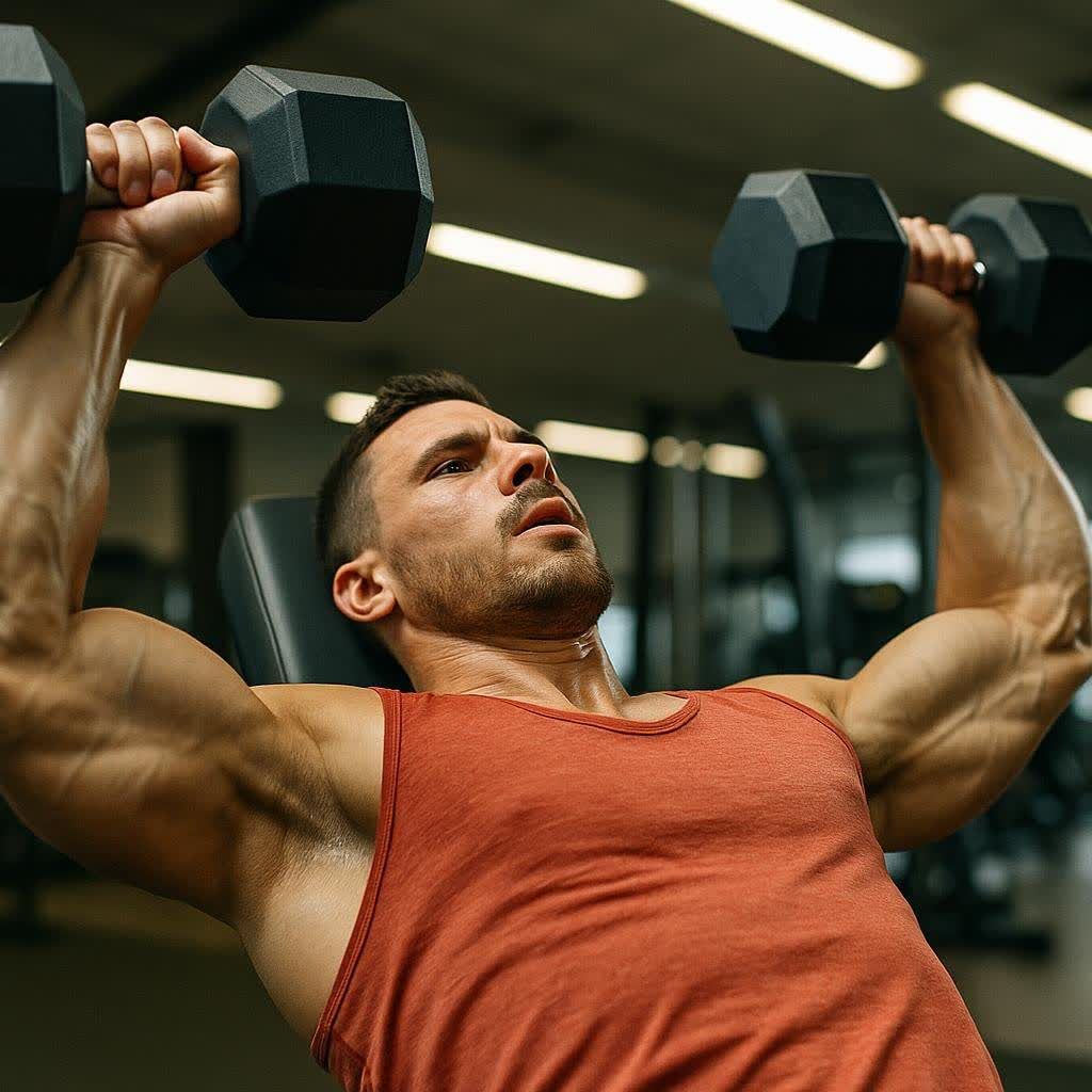 Athlete performing dumbbell bench press, viewed from a low angle.
