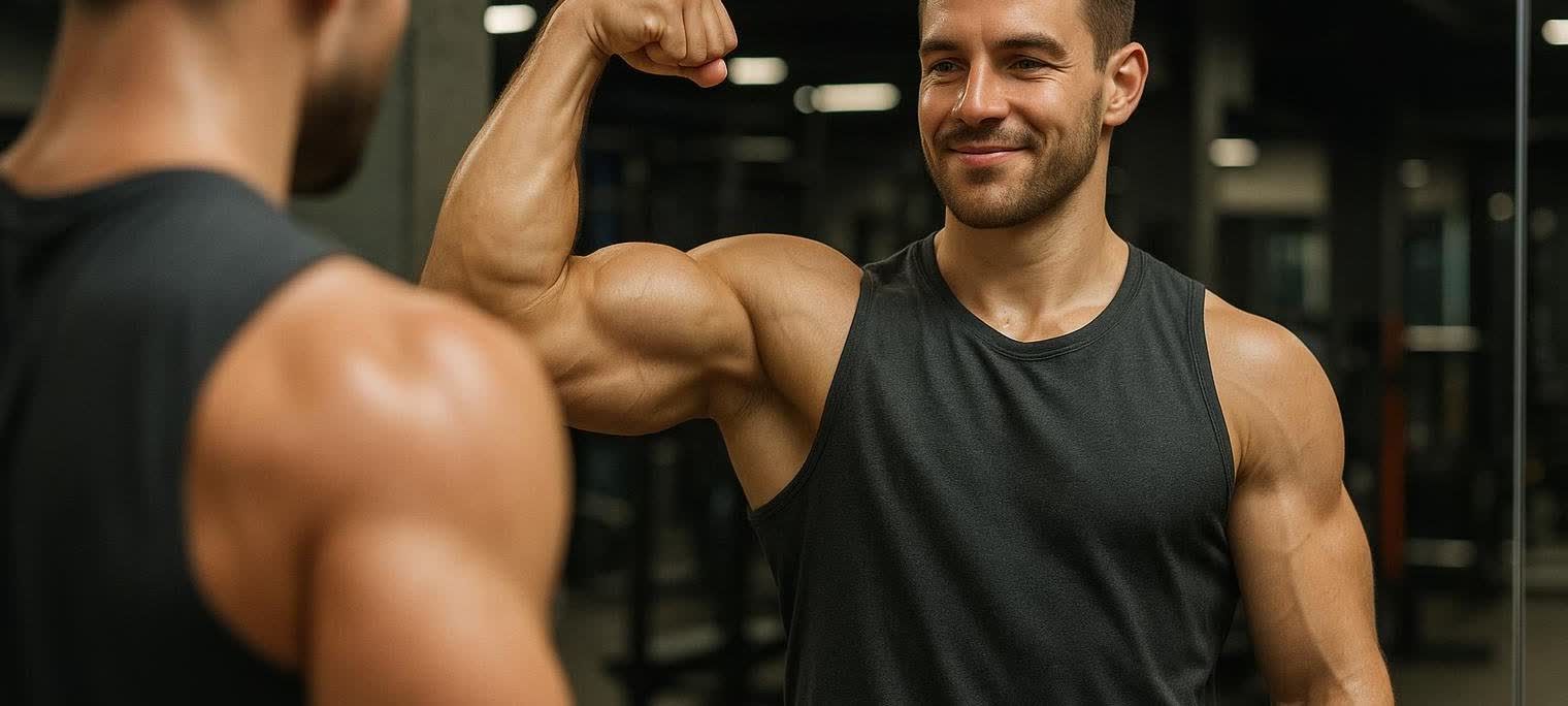 A smiling man in a dark grey tank top flexes his bicep in a gym mirror, admiring his muscular arm.