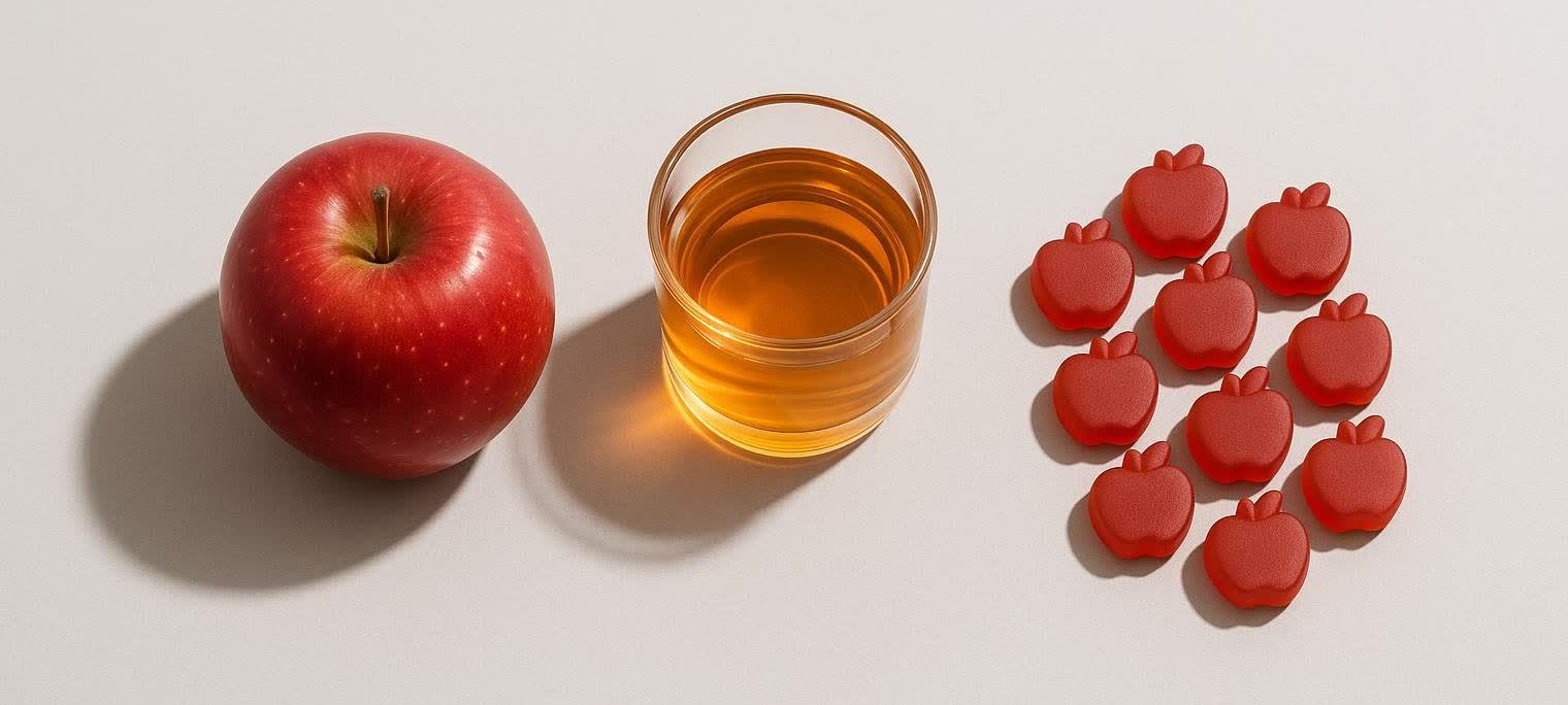 A flat lay image showing a red apple, a glass of apple cider vinegar, and several ACV gummies, representing the different forms of the supplement.