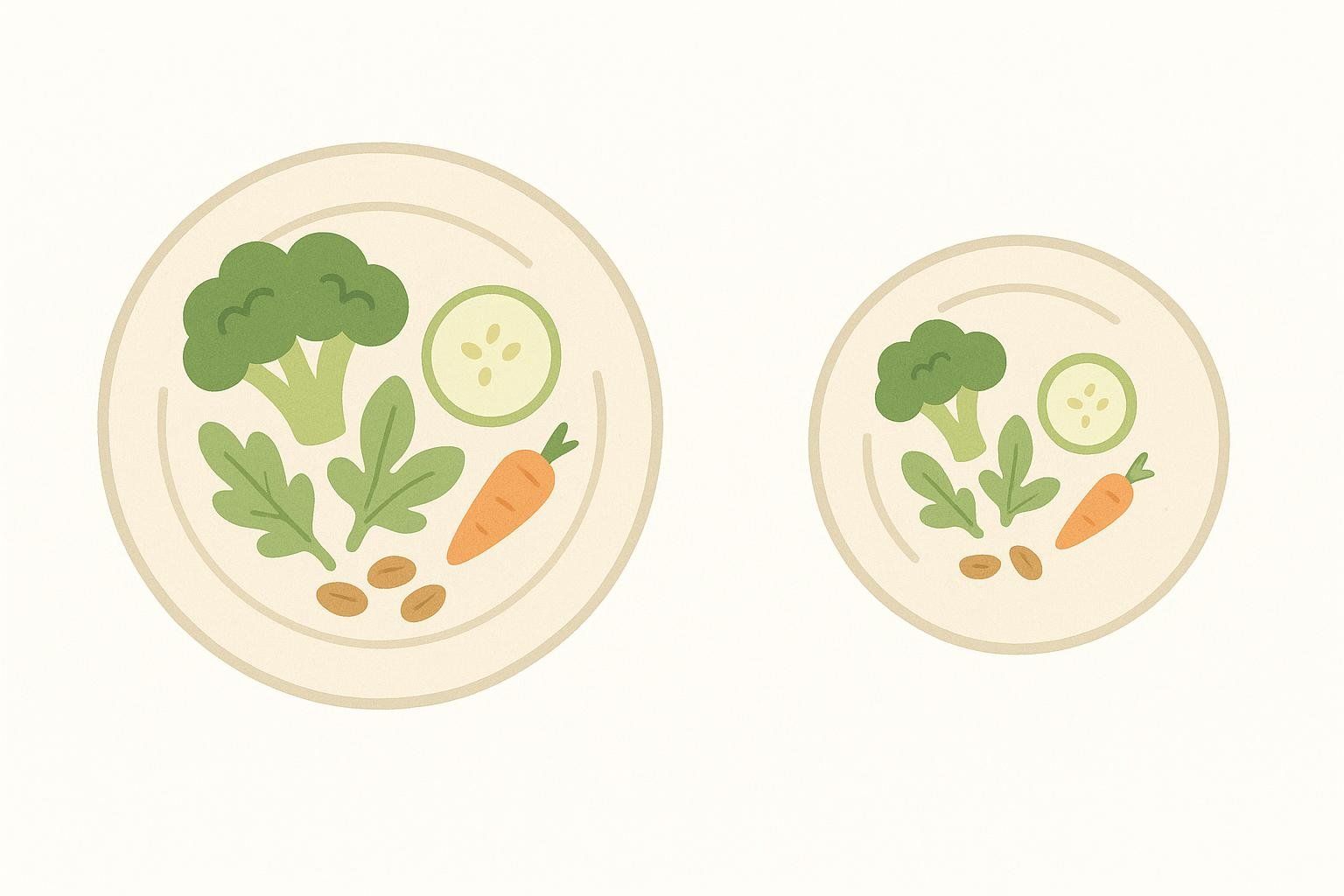 An illustration of two plates. The first plate has more food (broccoli, cucumber, arugula, carrots, and beans) than the second plate, showing the calorie drop in a Fasting Mimicking Diet (FMD) plan.