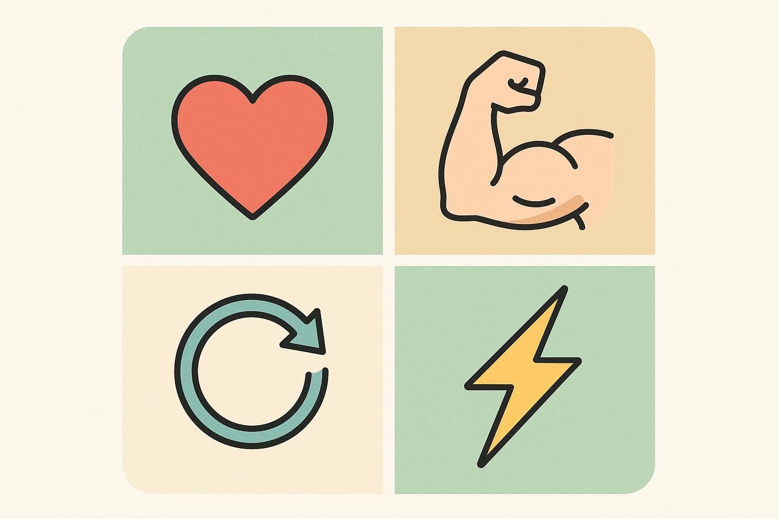 Infographic with four icons representing fitness goals: health, muscle, endurance, and strength.