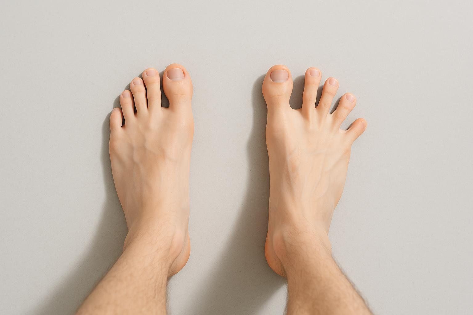 A top-down view of a pair of bare feet on a light grey surface. The left foot has its toes together, while the right foot is performing a toe spread exercise, with all toes spread wide apart.