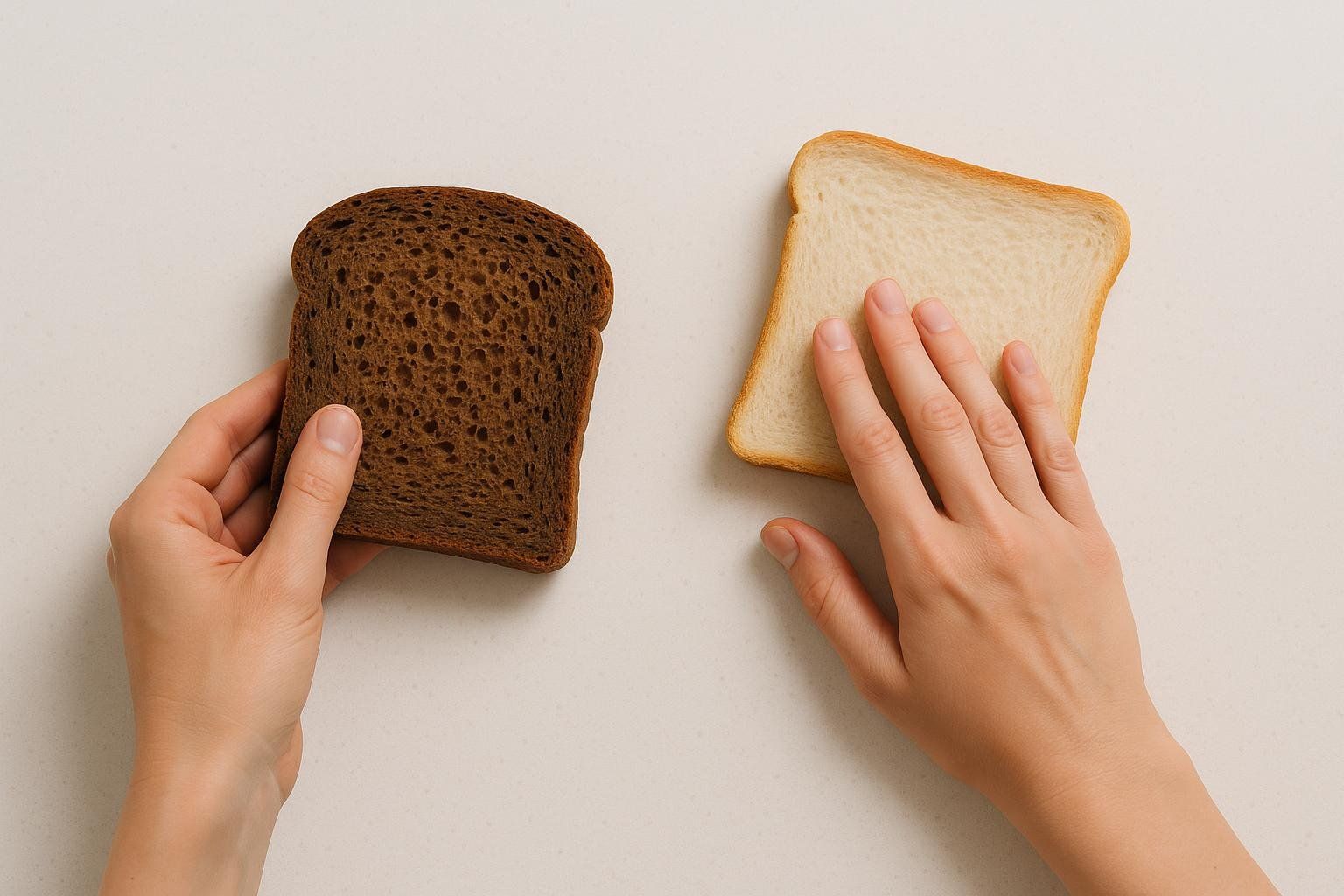 A person's hands are shown, with one hand holding a slice of dark whole-wheat bread and the other hand resting on a slice of light white bread. This illustrates a simple dietary change to increase fiber intake.