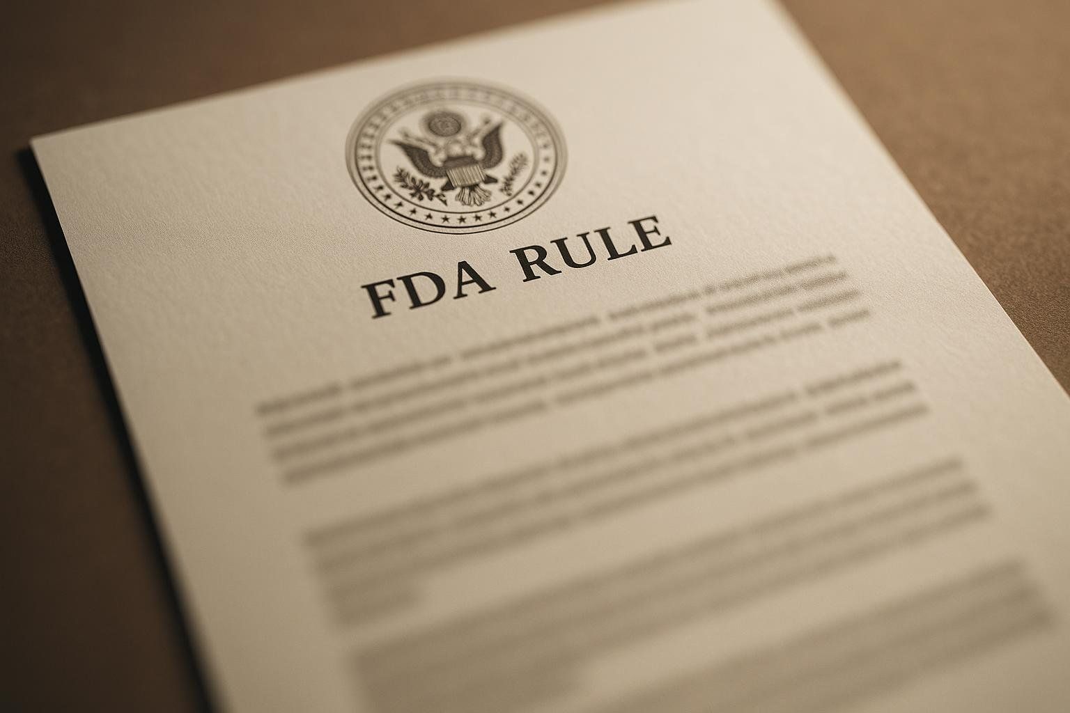 A close-up of a document with the words "FDA RULE" and the FDA seal prominently displayed, indicating an official regulation.