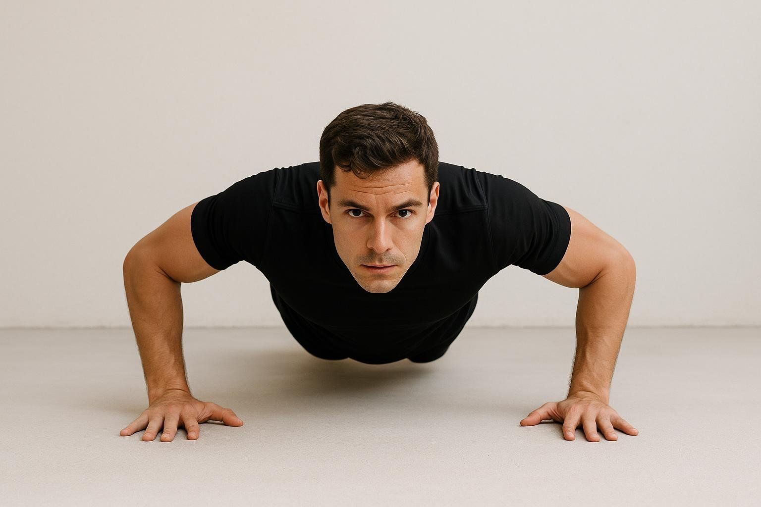 A man in a black t-shirt viewed from head-on, holding a push-up position with his body close to the floor. His hands are flat on the ground and his eyes are looking directly at the camera.