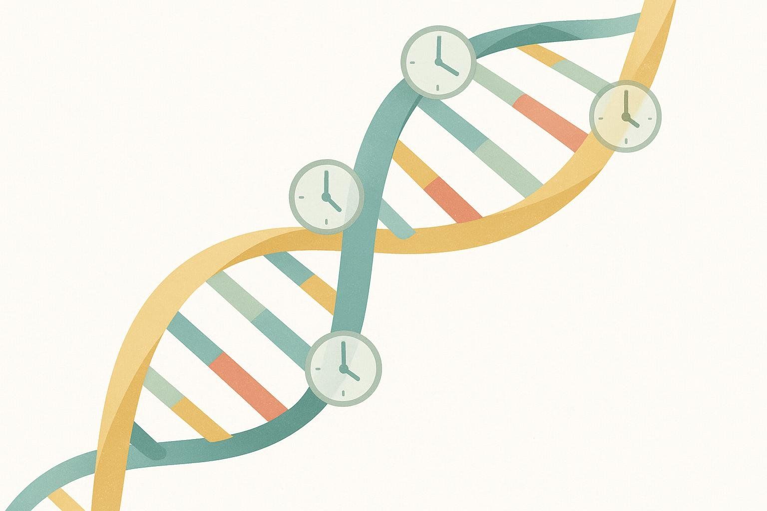 Abstract illustration of a DNA helix with four clock icons symbolizing epigenetic clocks for biological aging.