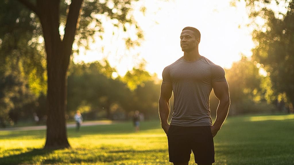 A muscular man in athletic wear stands in a park with trees and blurred figures in the background, silhouetted by the setting sun.