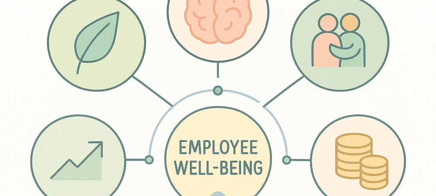 Abstract illustration of five interconnected orbs representing the pillars of employee wellness: physical, mental, social, financial, and growth.