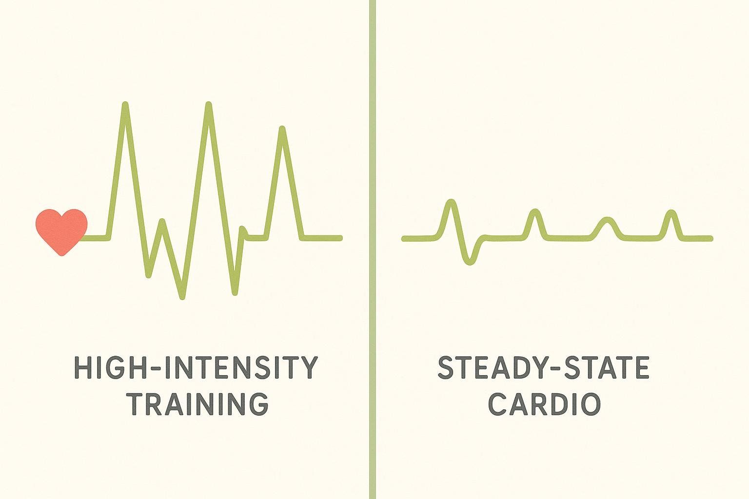 A clear diagram visually comparing heart rate patterns. On the left, 'HIGH-INTENSITY TRAINING' is depicted with a line showing large, sharp spikes and dips, originating from a small red heart. On the right, 'STEADY-STATE CARDIO' is shown with a flatter, more consistent wavy line, indicating a stable heart rate.