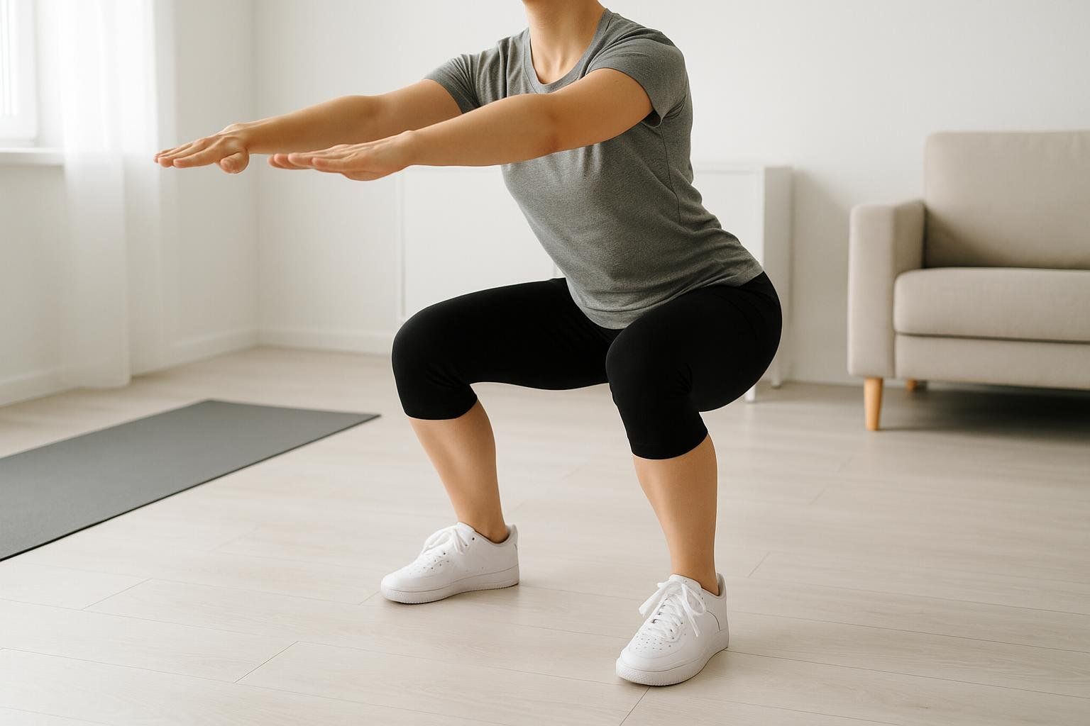 A person performs a bodyweight squat in a clean, well-lit room, emphasizing leg and core strength.