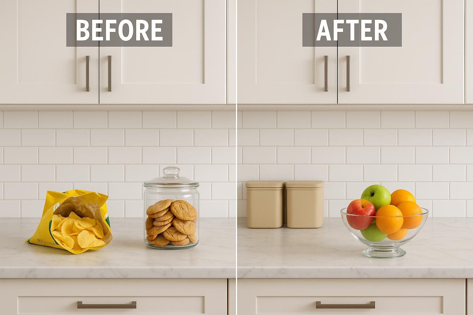 A split image showing a messy kitchen counter with junk food vs. a tidy counter with a bowl of fresh fruit, illustrating how to manage your food environment.