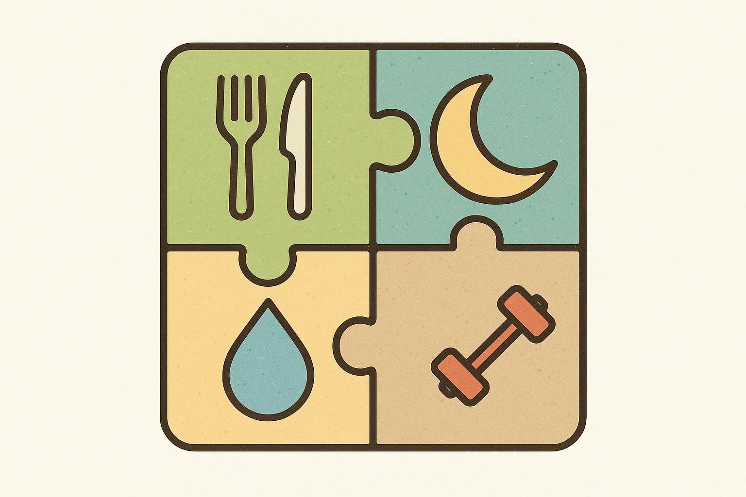 Four colorful puzzle pieces creating a square. Each piece contains an icon representing an aspect of a healthy lifestyle: top left a fork and knife for nutrition, top right a crescent moon for sleep, bottom left a water drop for hydration, and bottom right a dumbbell for exercise. The background is a very light cream color.