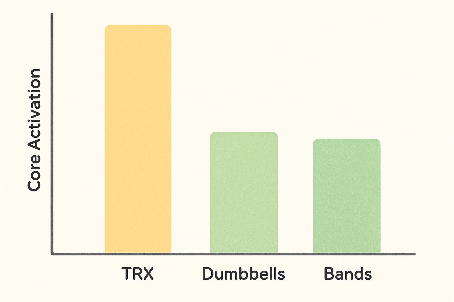 A bar chart illustrating core activation levels during exercise. TRX shows the highest core activation, followed by dumbbells, and then resistance bands, which are slightly lower than dumbbells.