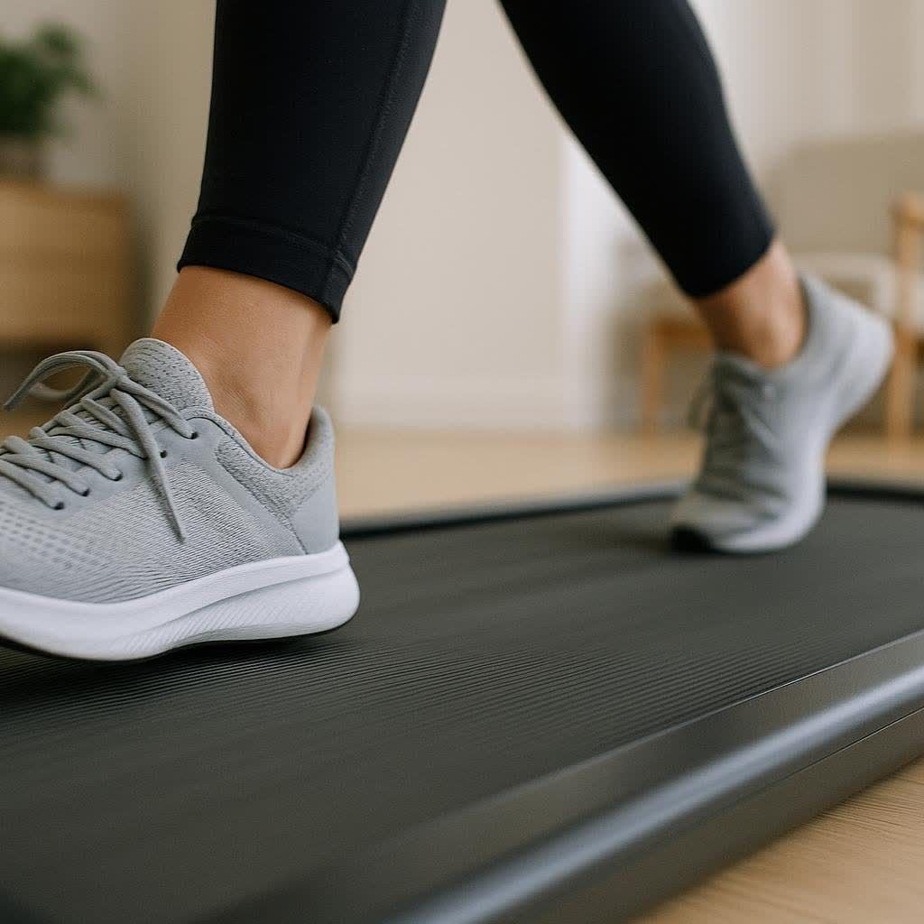 A hand holding the remote control for a walking pad, highlighting simple controls.