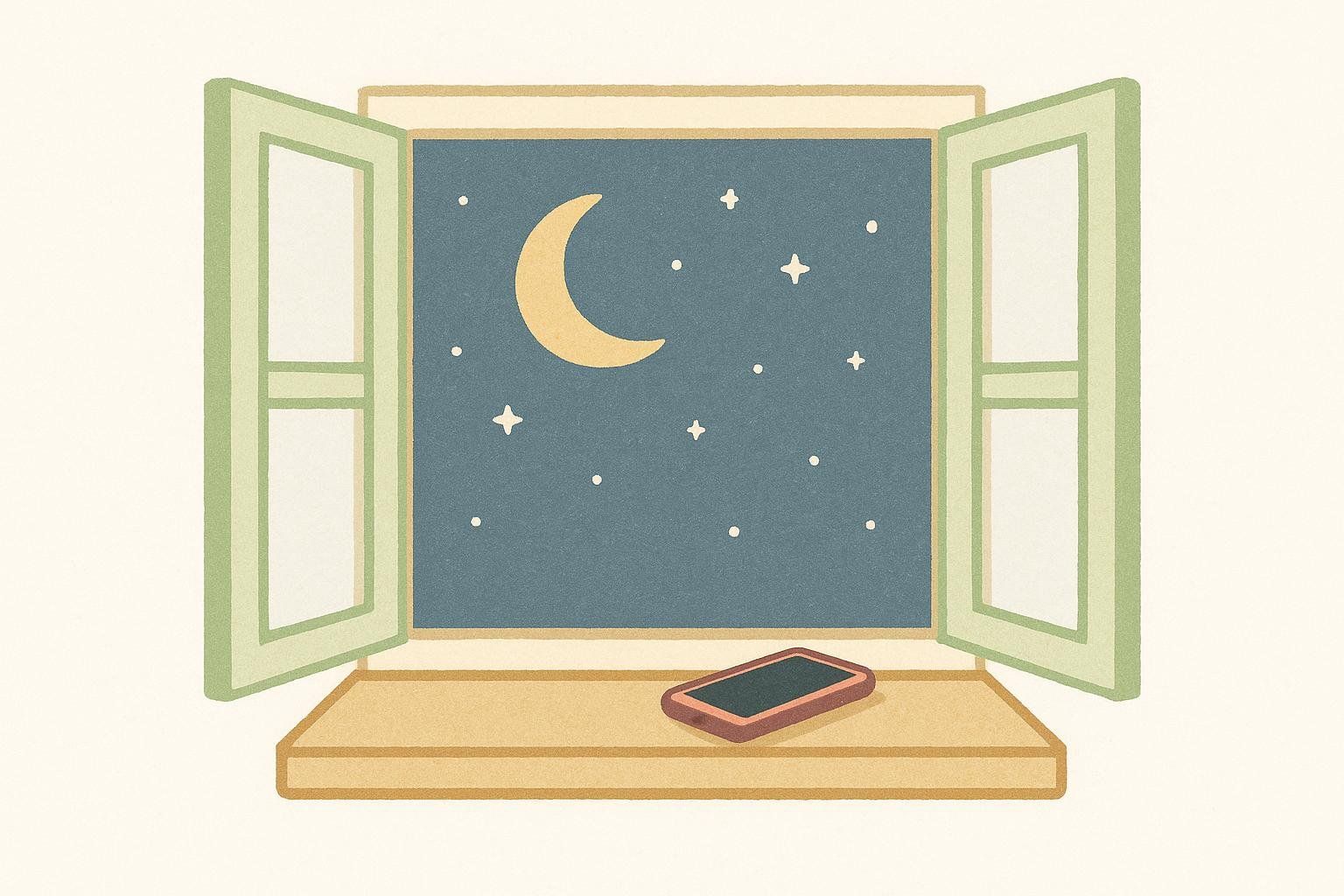 Illustration of a dark phone resting on a windowsill with an open window looking out at a starry night sky with a crescent moon. It represents good sleep hygiene.
