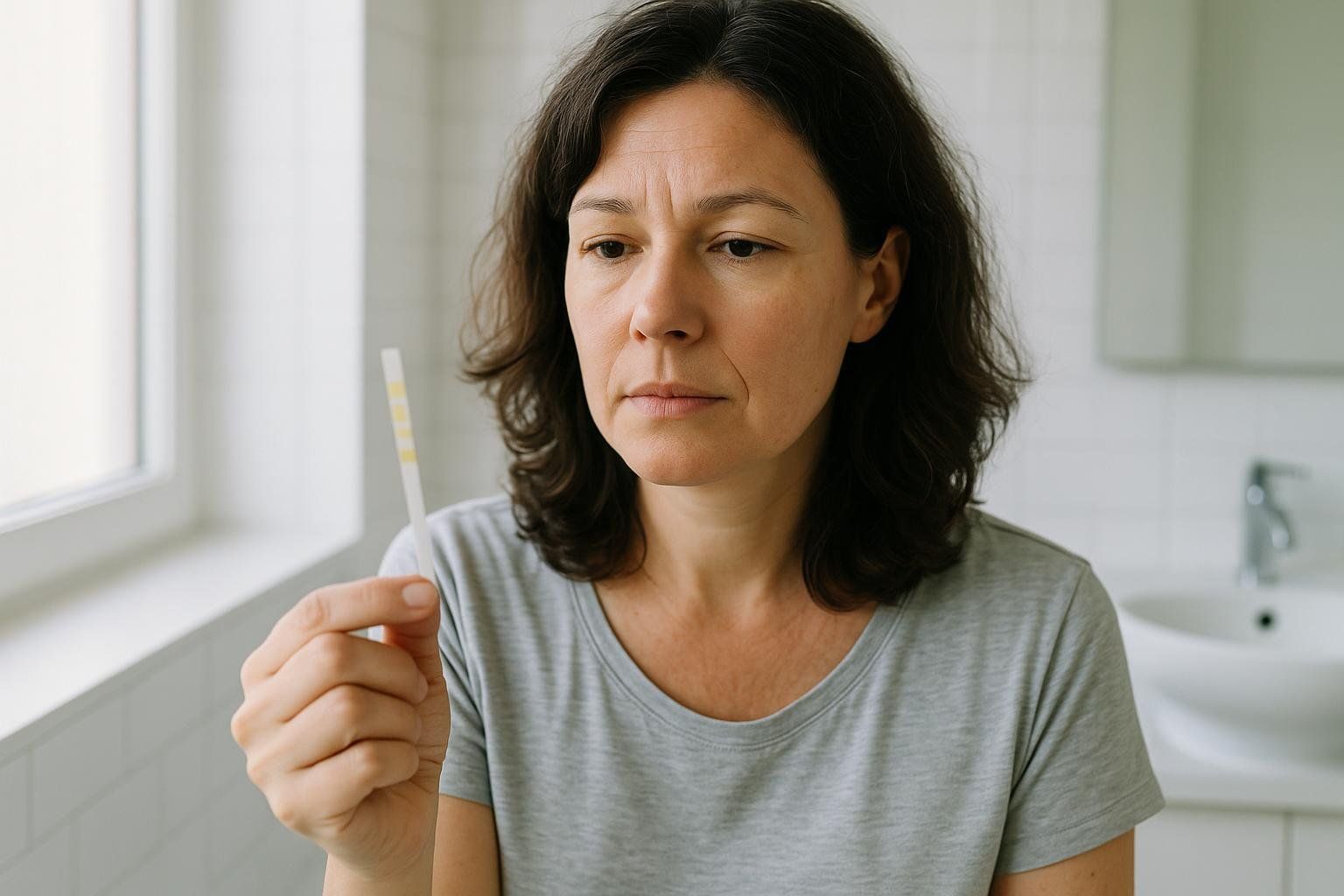 A woman with short dark hair and a serious expression looks thoughtfully at an at-home perimenopause test strip she holds in her hand, dressed in a grey t-shirt in a bathroom setting.