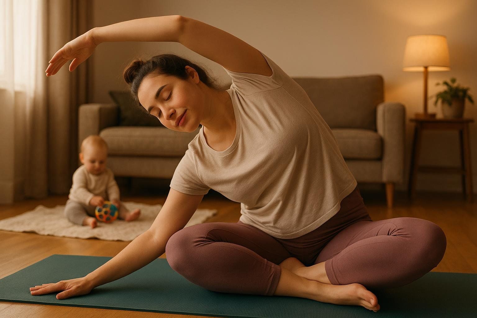 A new mother performs a gentle postpartum exercise in her living room while her baby plays nearby.