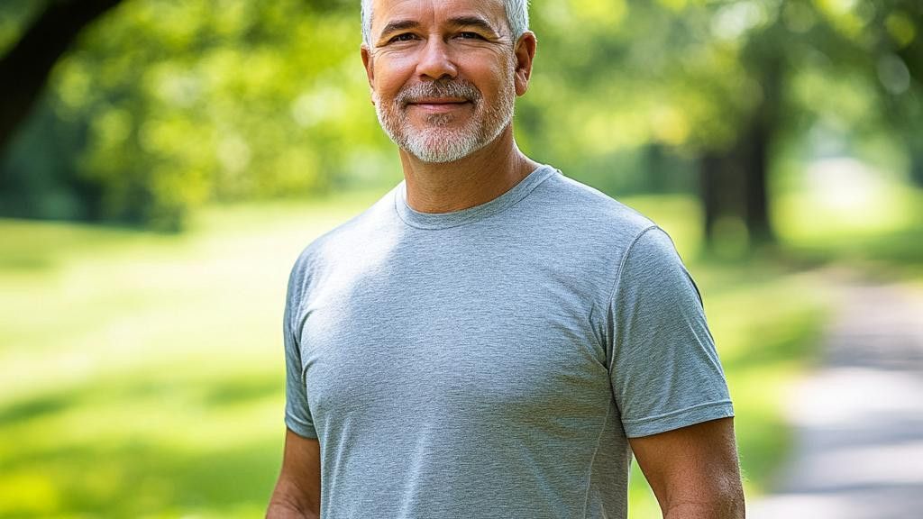 A smiling man with gray hair and a beard wears a gray t-shirt and stands in a park in front of a trees and a path.