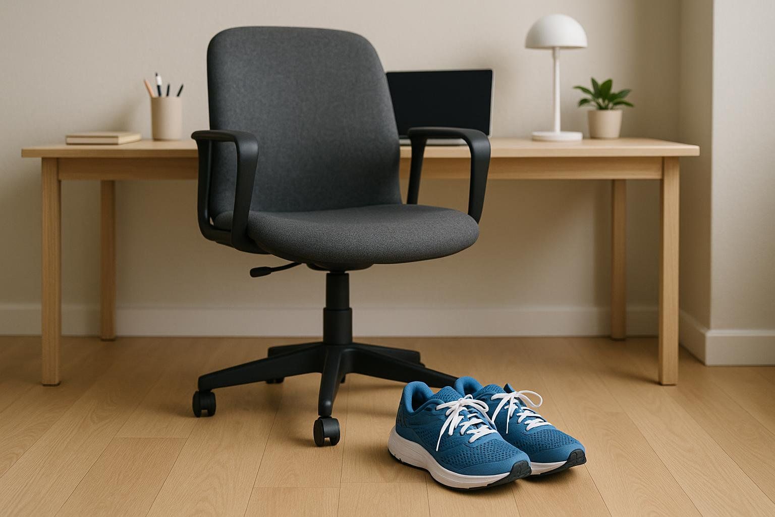 A pair of blue running shoes sit on a light wood floor, placed in front of a gray office chair in an office setting with a desk, laptop, and desk lamp in the background.