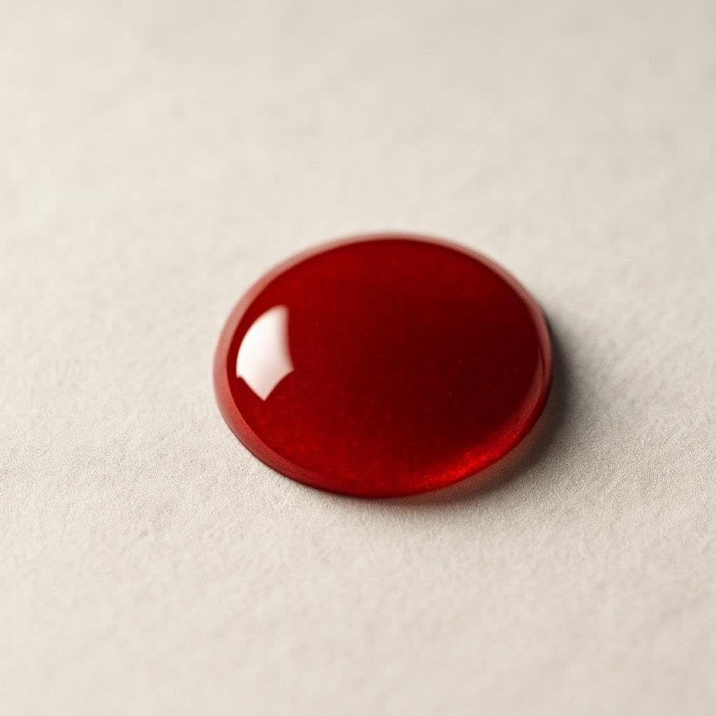 A close-up, high-angle shot of a single, perfectly spherical drop of vibrant red liquid, resembling blood, resting on a textured light gray or white surface. The drop is shiny, reflecting light from above.