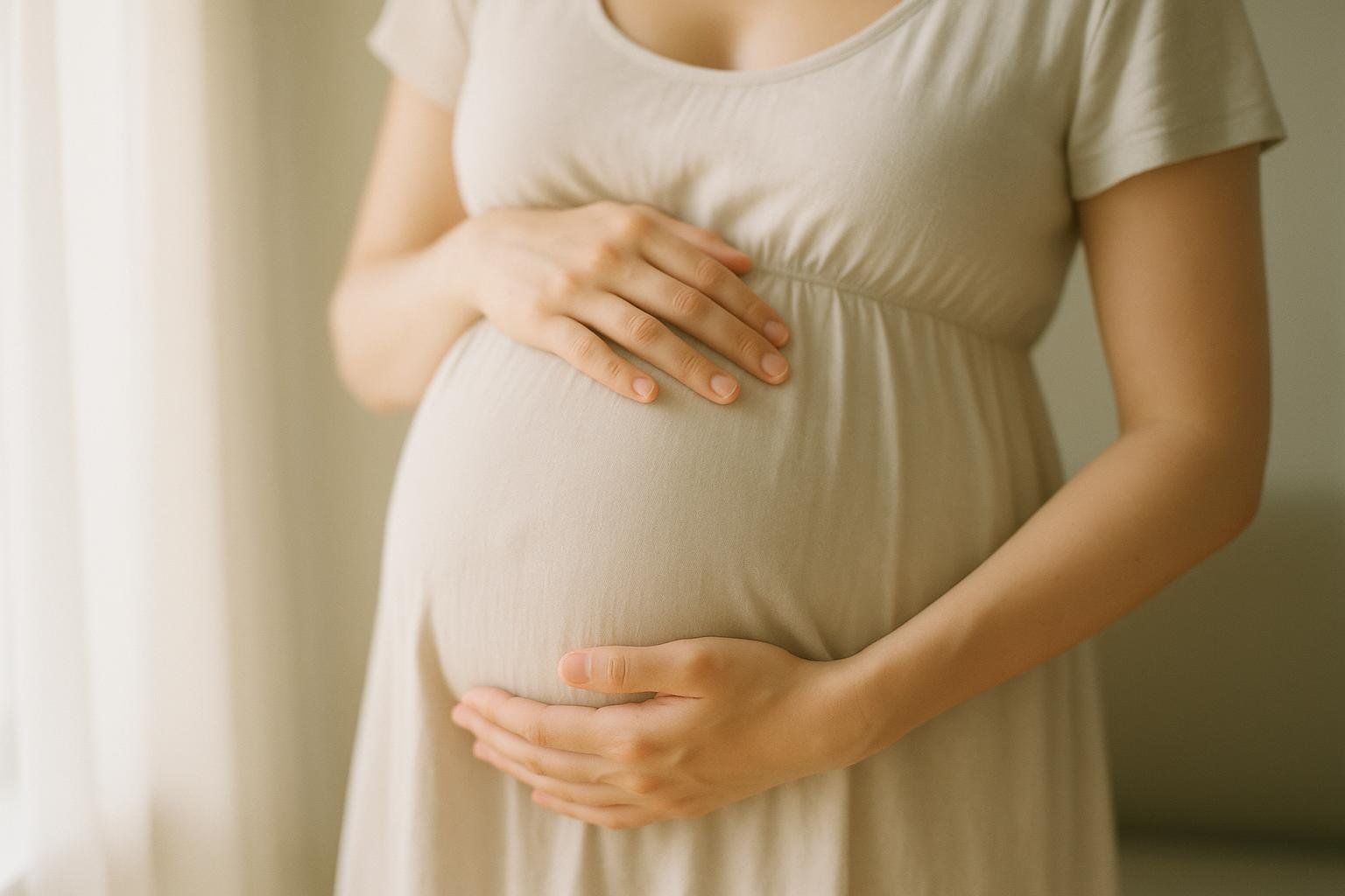 The hands of a pregnant woman resting gently on her belly, representing the special considerations for supplements during pregnancy.