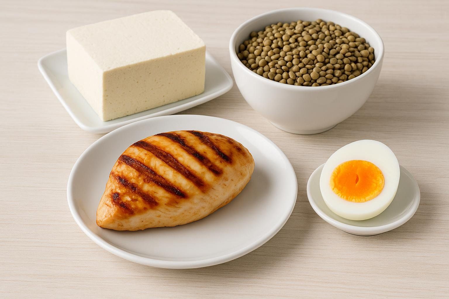 A flat lay of various high-protein foods including a grilled chicken breast, a block of tofu, a bowl of lentils, and a hard-boiled egg cut in half, arranged on a light wooden surface.