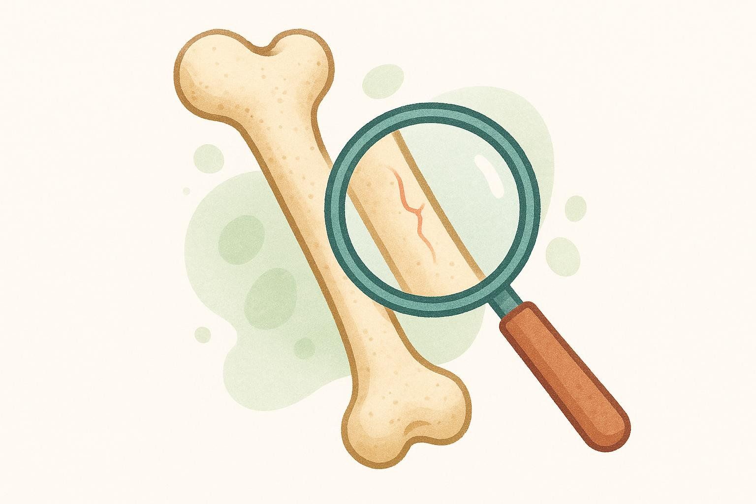 An illustration of a human bone with a magnifying glass held over it, highlighting a small, red, wavy crack on its surface, set against a light background with subtle green abstract shapes.