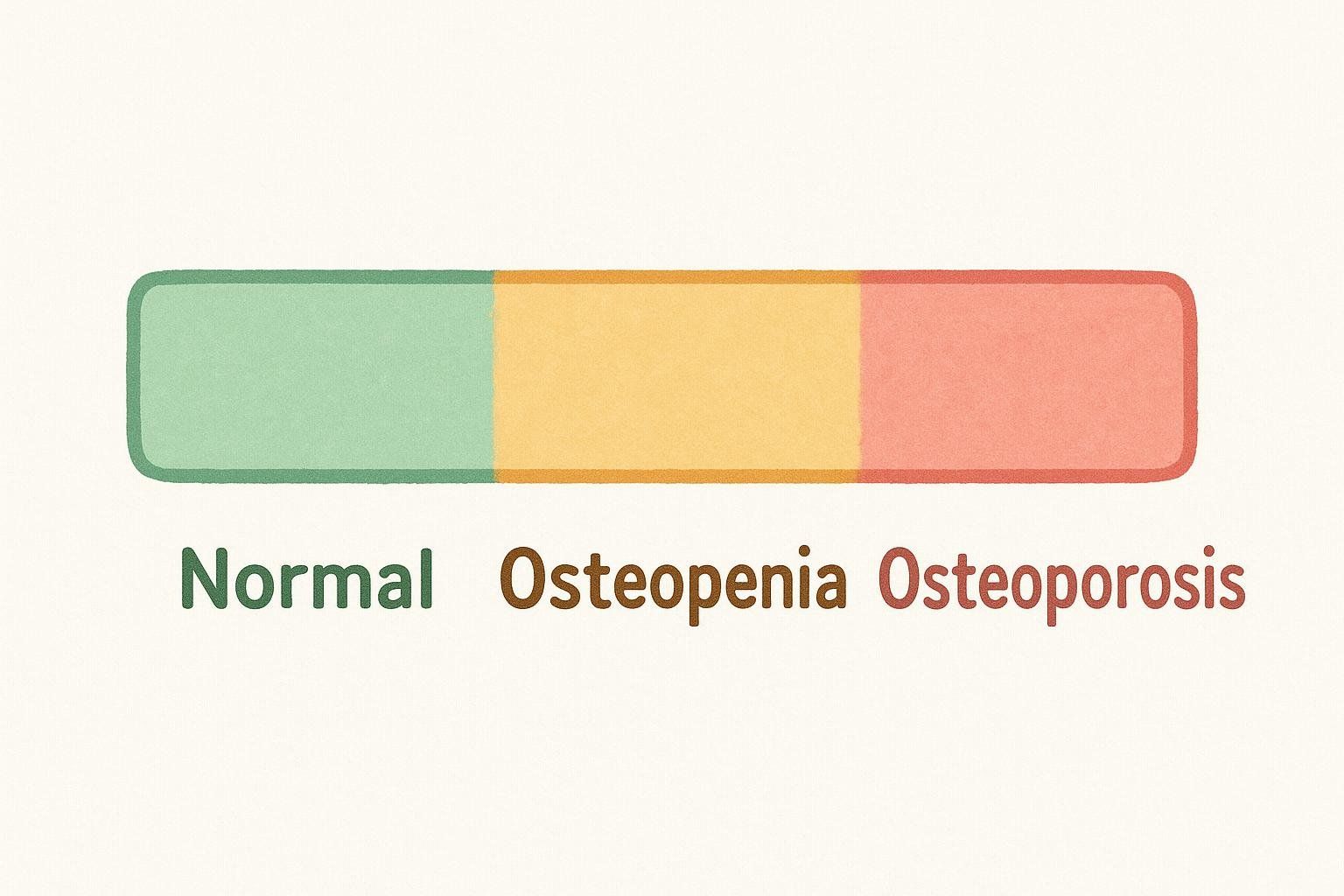 A color-coded bar chart illustrating bone density levels, representing T-score categories: Normal (green), Osteopenia (yellow), and Osteoporosis (red).