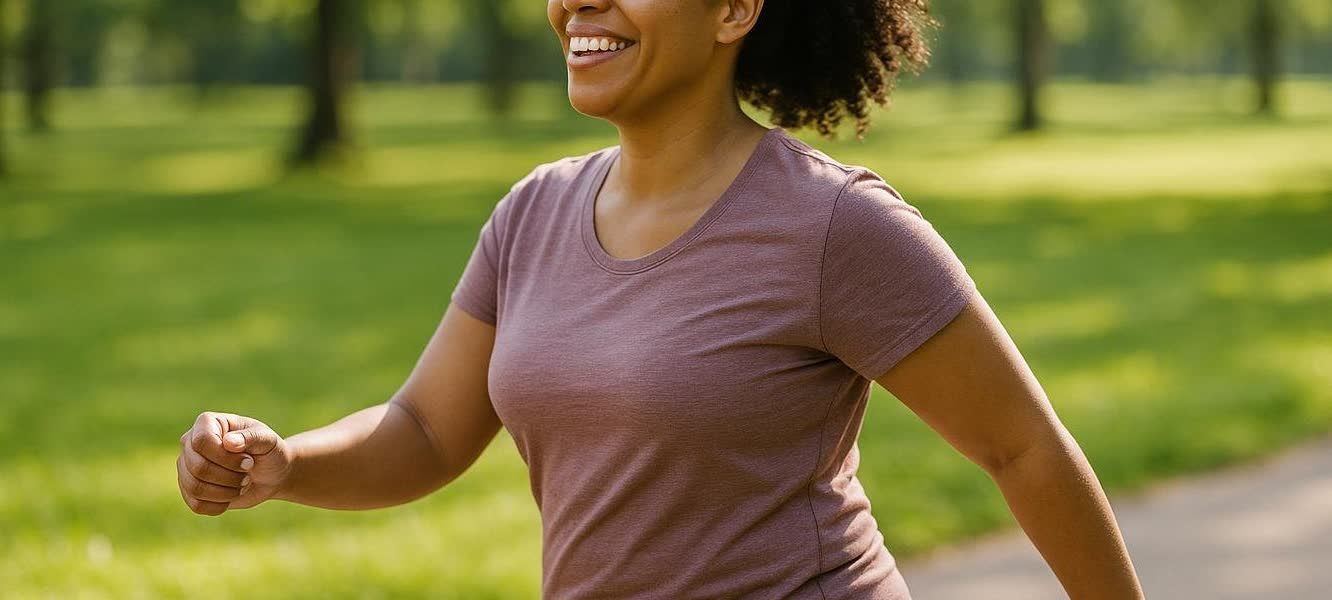 A smiling woman walks briskly outdoors in a park, representing how exercise can help manage blood sugar.
