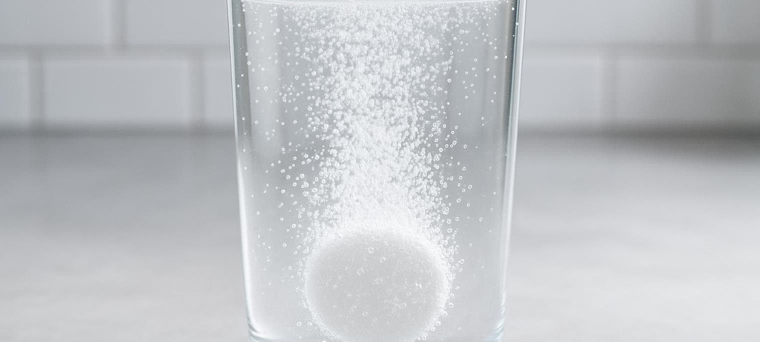 A close-up shot of an effervescent tablet fizzing in a clear glass of water, creating many bubbles that rise to the surface. The background is a soft, light-colored blur, possibly a tiled wall.